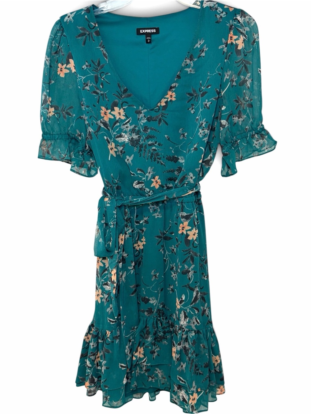 Express Teal Floral V-Neck Midi Dress Women’s Size Small Ruffle Sleeves & Hem